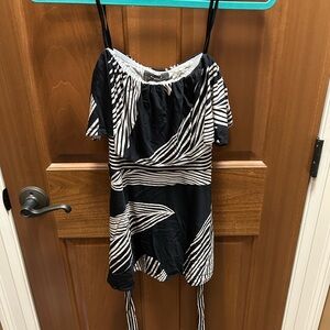 BCBGMaxAzria Black and White Asymmetrical Tie Front Blouse
